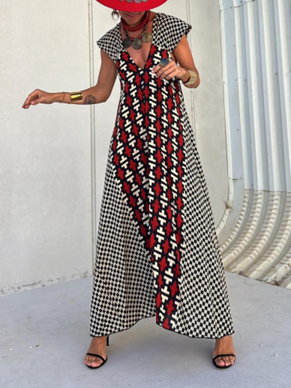 Ethnic Unique Print Ruffle Graceful Sleeve A-line Maxi Dress InsStreet