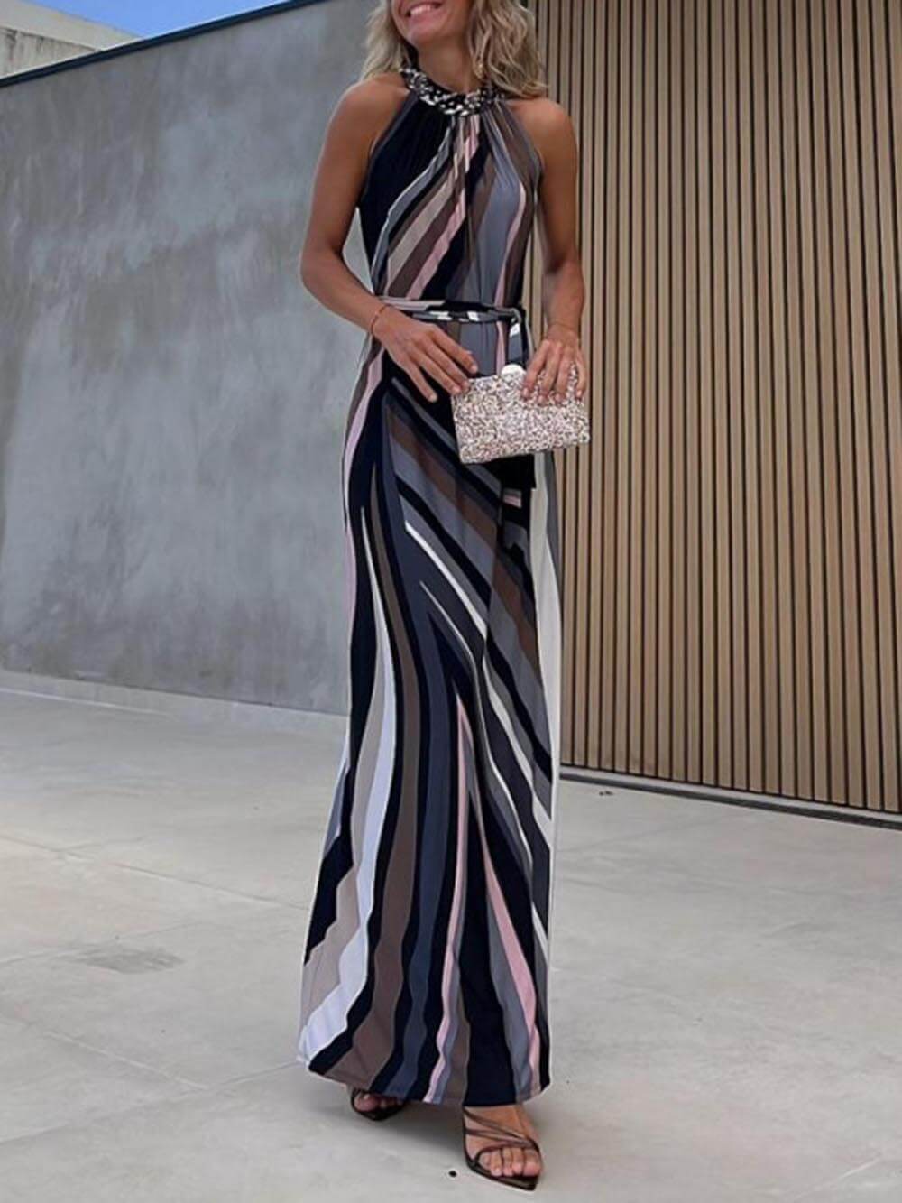 Casual Loose Halterneck Striped Graceful Gradient Print Maxi Dress InsStreet