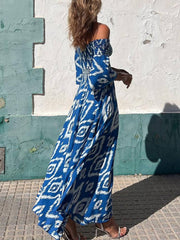 Vacation Ethnic Print Smocked Graceful Off Shoulder Pocketed Maxi Dress InsStreet