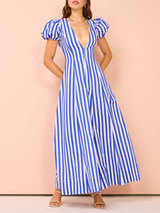 Bubble Sleeve In Charming Stripe Wavy Maxi Dress InsStreet