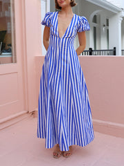 Bubble Sleeve In Charming Stripe Wavy Maxi Dress InsStreet