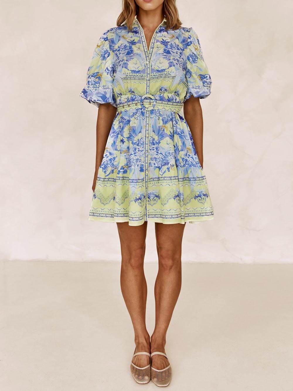 Blue And Yellow Charming Floral Print Mini Dress InsStreet