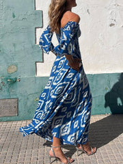 Vacation Ethnic Print Smocked Graceful Off Shoulder Pocketed Maxi Dress InsStreet