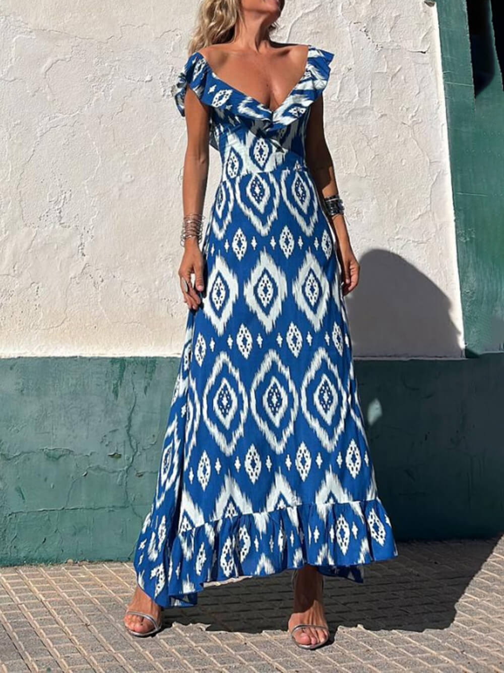 Ethnic Print Smocked Bust Graceful Ruffle Neck Maxi Dress InsStreet