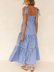 Lace-Up Striped Stylish Square-Neck Midi Dress InsStreet