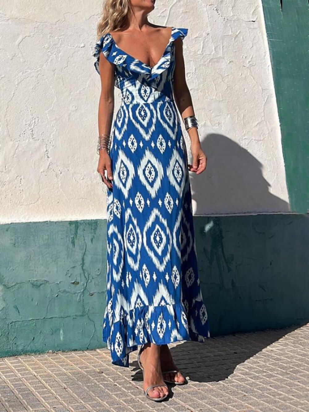 Ethnic Print Smocked Bust Graceful Ruffle Neck Maxi Dress InsStreet