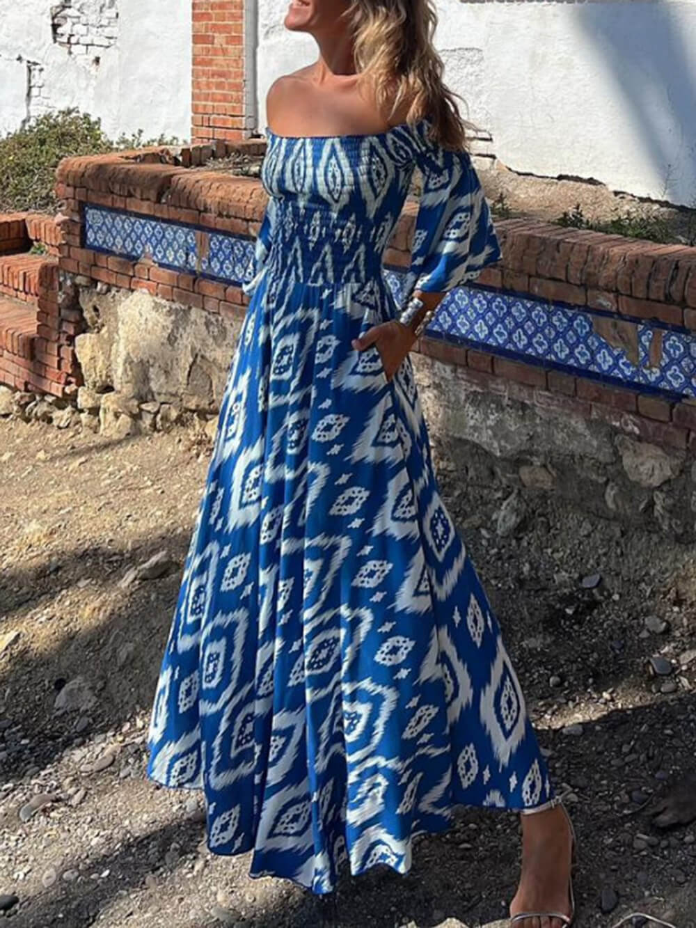 Vacation Ethnic Print Smocked Graceful Off Shoulder Pocketed Maxi Dress InsStreet