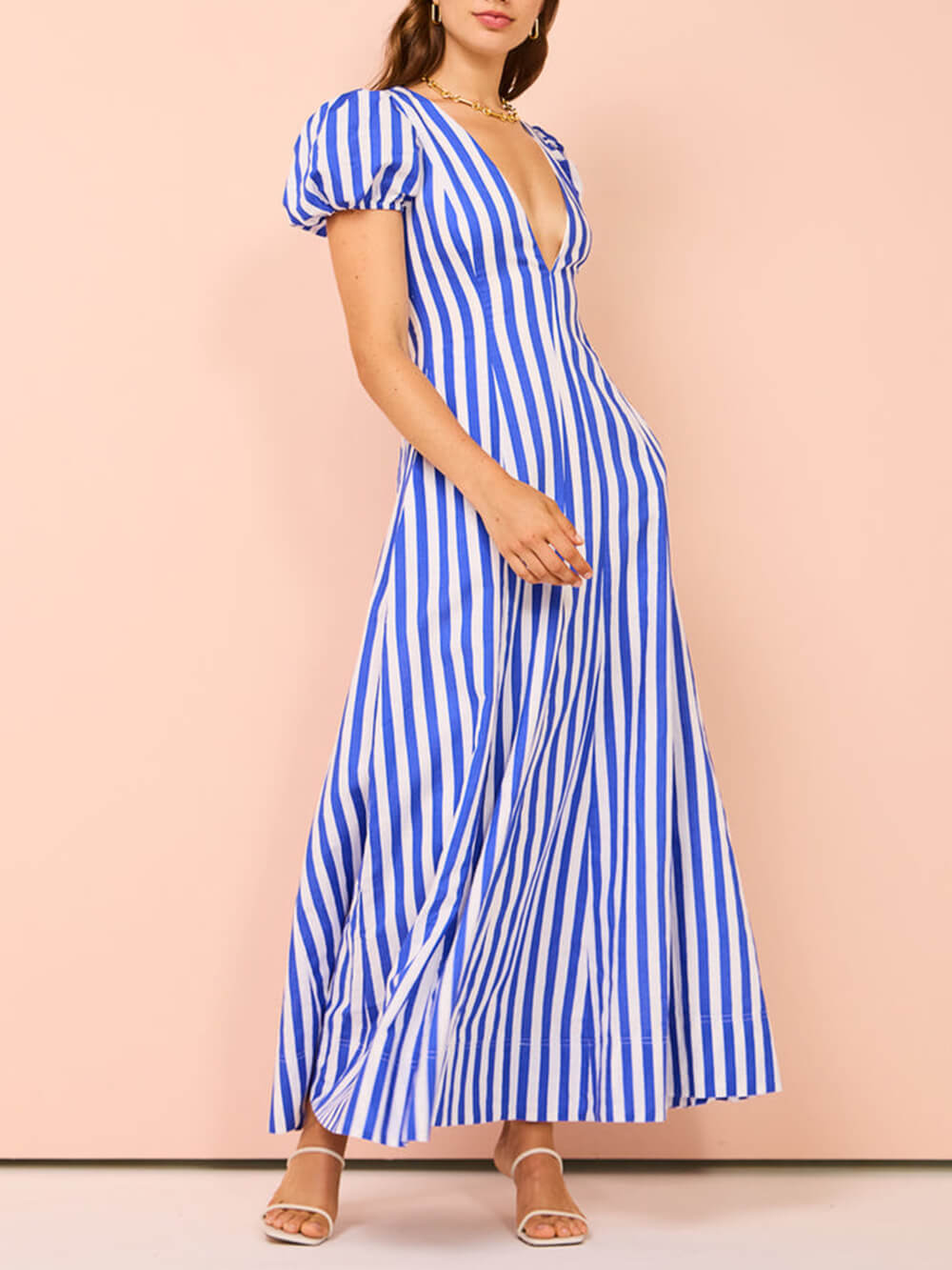 Bubble Sleeve In Charming Stripe Wavy Maxi Dress InsStreet