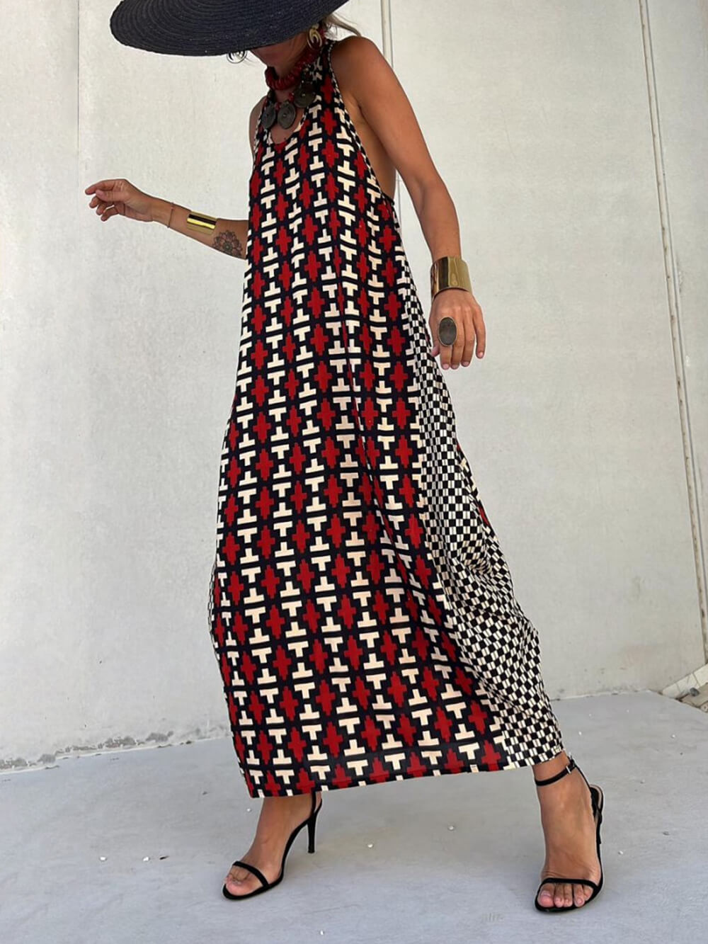 Ethnic Unique Print Lantern Graceful Cut Tank Maxi Dress InsStreet