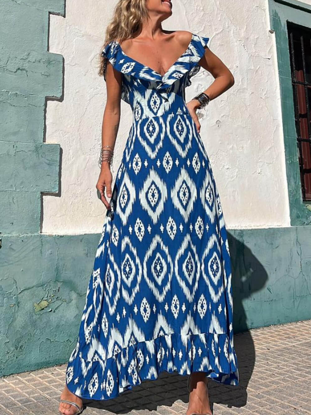 Ethnic Print Smocked Bust Graceful Ruffle Neck Maxi Dress InsStreet