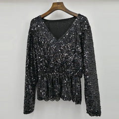 Estrella Sequin Peplum Top - Black Gold