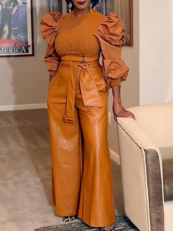 Faux-Leather Wide-Leg Belted Pants--Clearance Ins Street