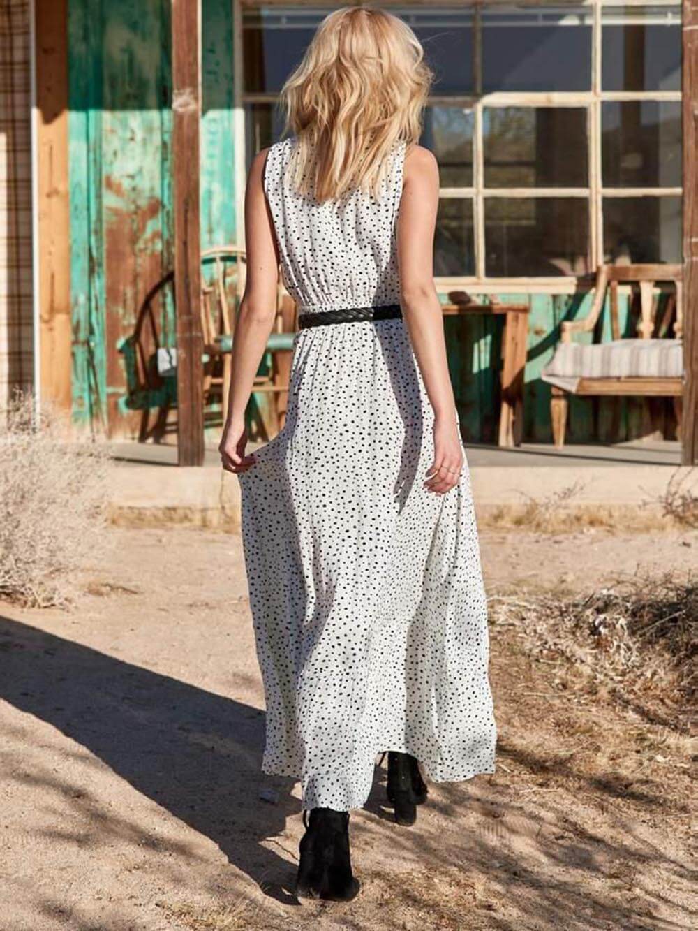 Bohemian V-Neck Sleeveless Charming Polka-Dot Maxi Skirt InsStreet