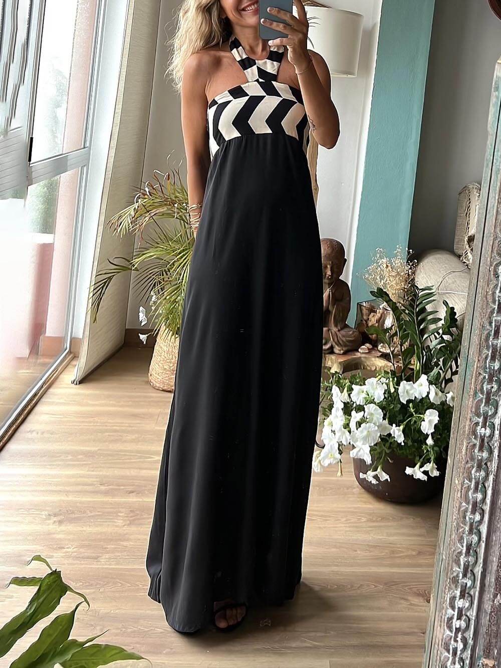 Unique Striped Print Charming Loose Halterneck Maxi Dress InsStreet