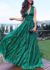 Sleeveless Patchwork V-Neck Floor-Length Mid Waist Women's Dress Ins street