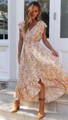 Sanae Floral Ruffle Cutout Maxi Dress - Pale Yellow