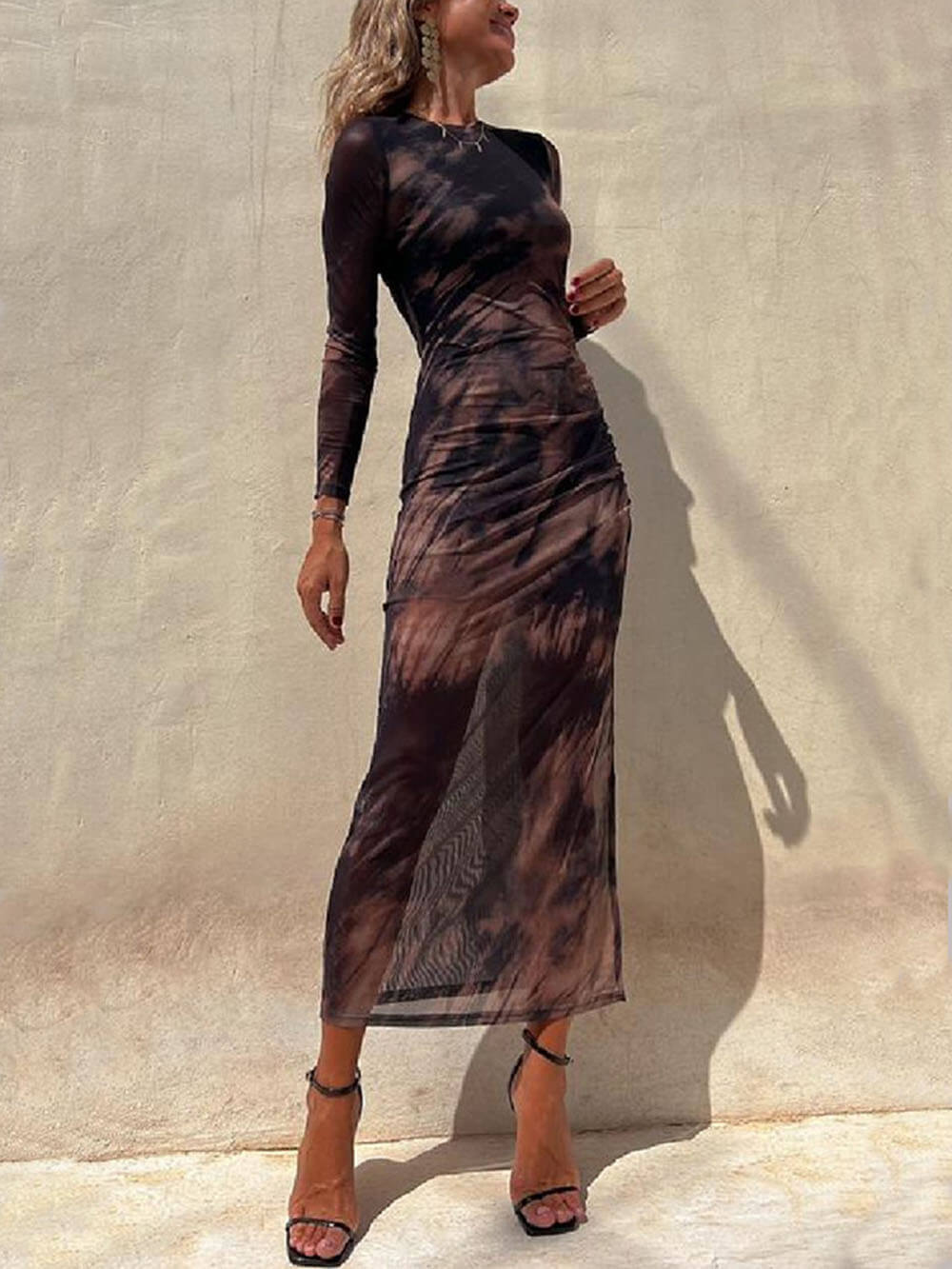 Charm Lady Mesh Overlay Tie Dye Modern Print Long Sleeve Ruched Stretch Midi Dress InsStreet