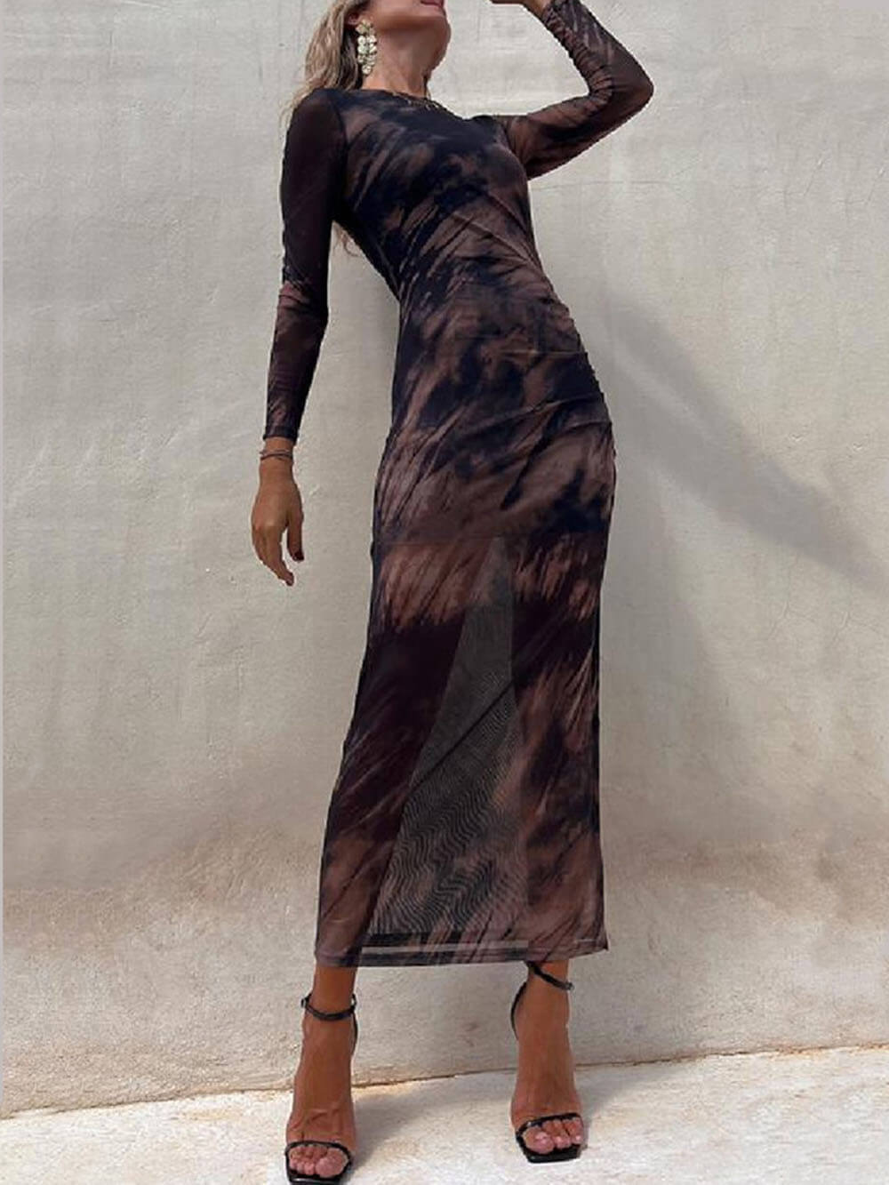 Charm Lady Mesh Overlay Tie Dye Modern Print Long Sleeve Ruched Stretch Midi Dress InsStreet