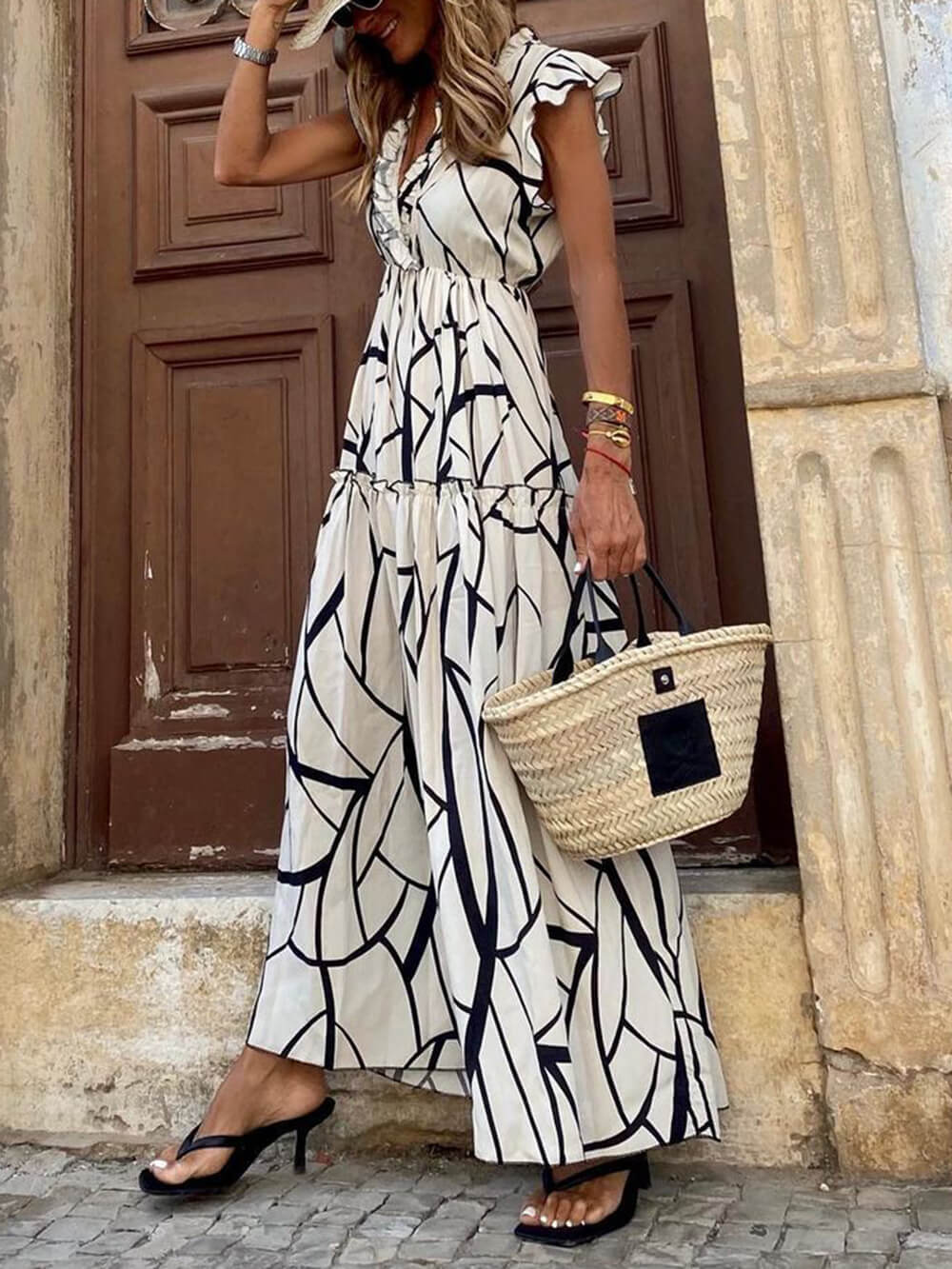 Geometric Print V-Neck Charming Ruffled Hem Maxi Dress InsStreet