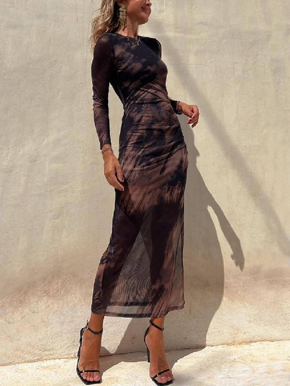 Charm Lady Mesh Overlay Tie Dye Modern Print Long Sleeve Ruched Stretch Midi Dress InsStreet