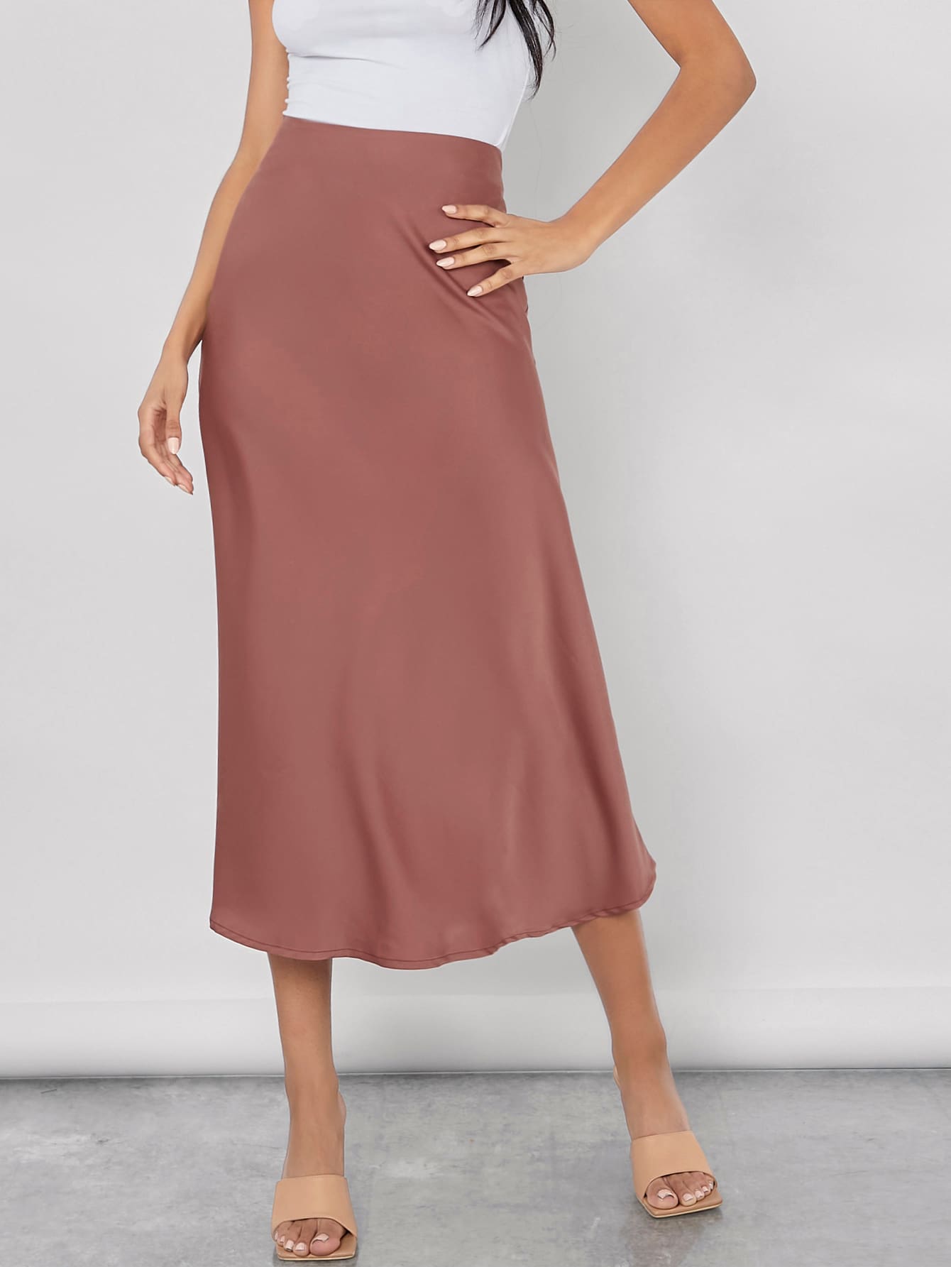 Solid High Waist Satin Skirt Workwear InsStreet