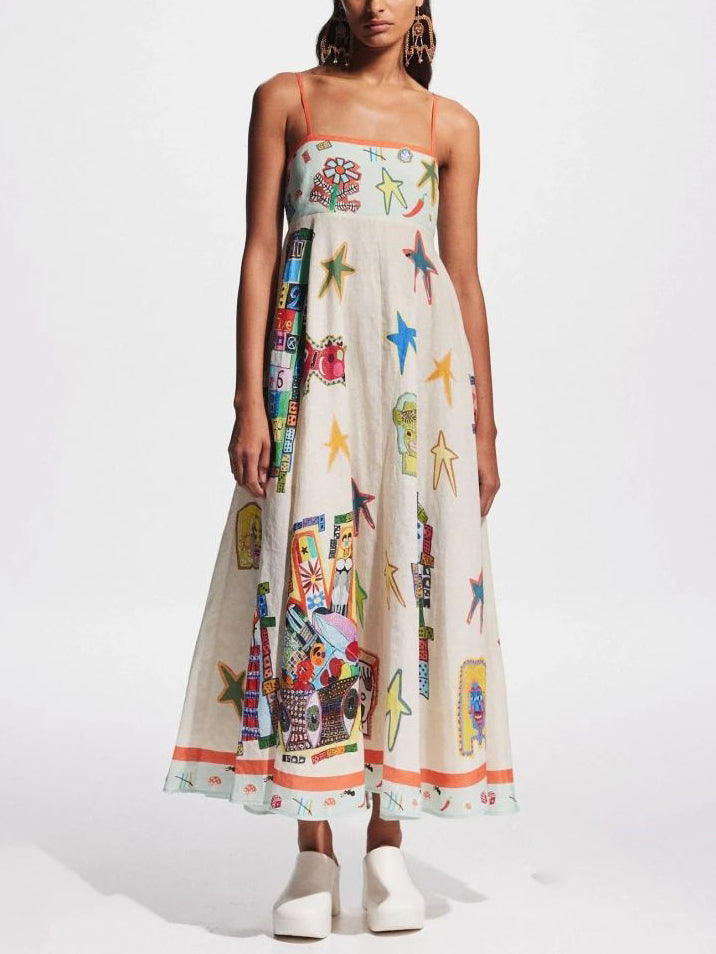 Unique Graffiti Print Suspenders Graceful Long Swing Midi Dress InsStreet