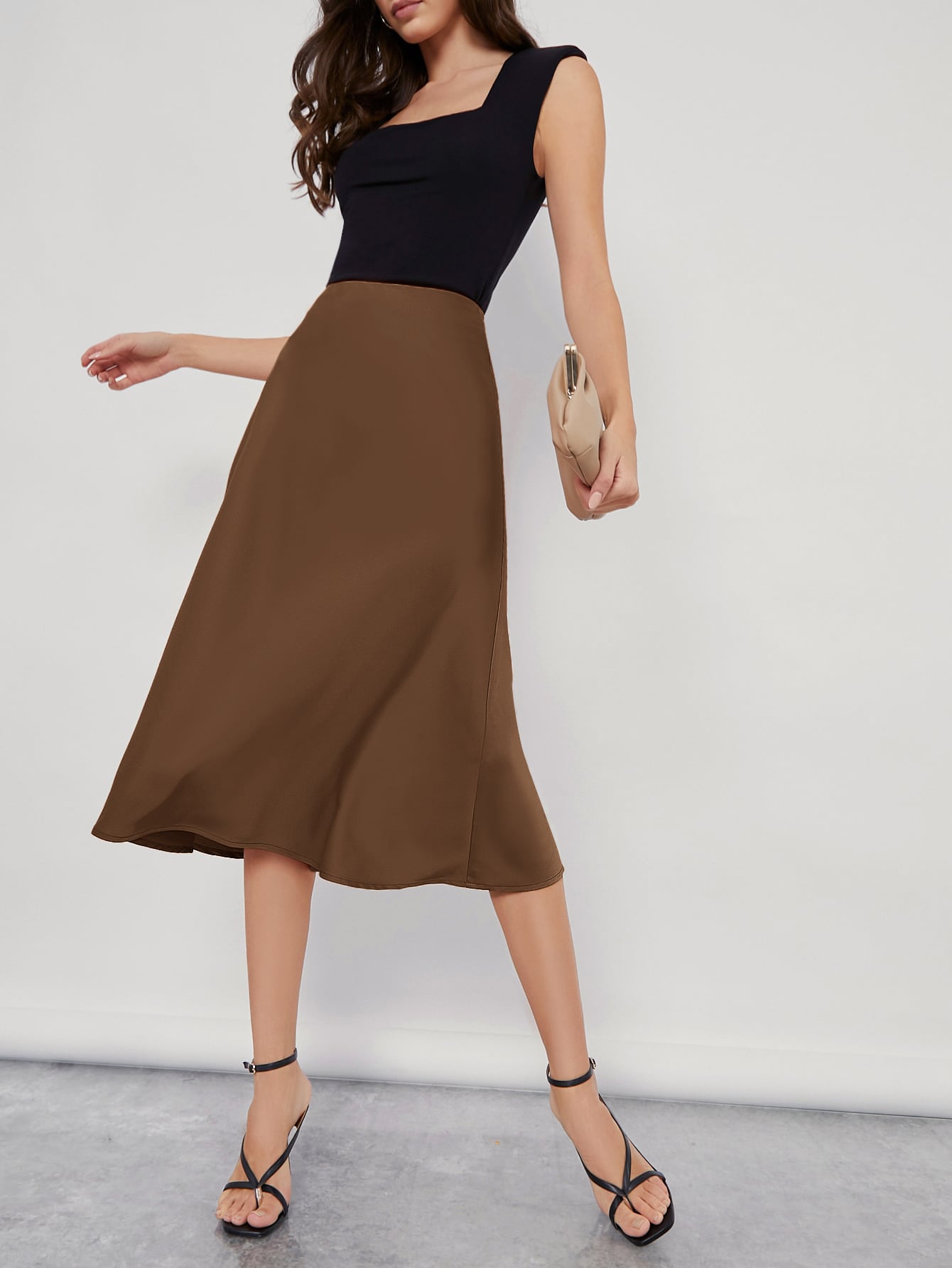 Solid High Waist Satin Skirt Workwear InsStreet