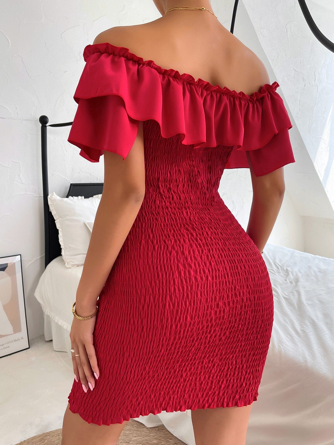 Tie Front Off Shoulder Ruffle Trim Shirred Bodycon Dress InsStreet