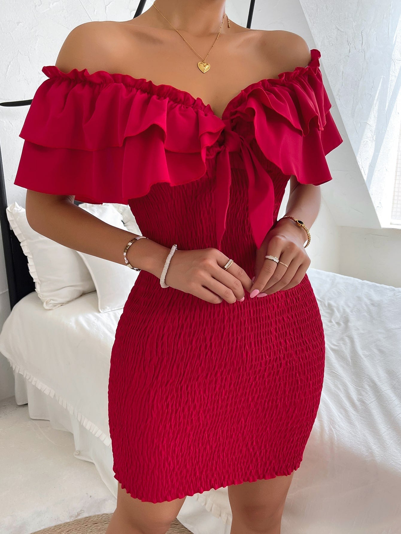 Tie Front Off Shoulder Ruffle Trim Shirred Bodycon Dress InsStreet