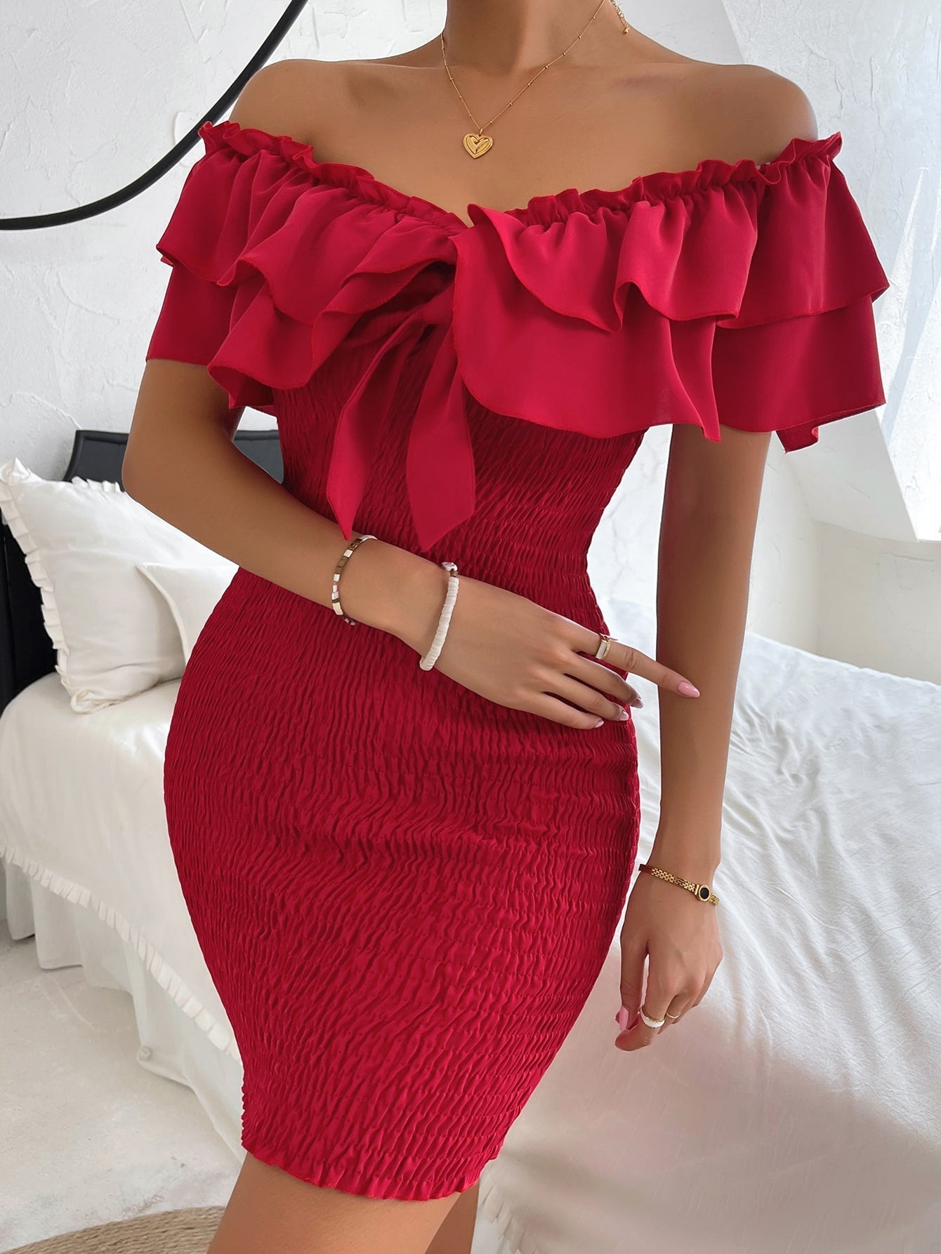 Tie Front Off Shoulder Ruffle Trim Shirred Bodycon Dress InsStreet