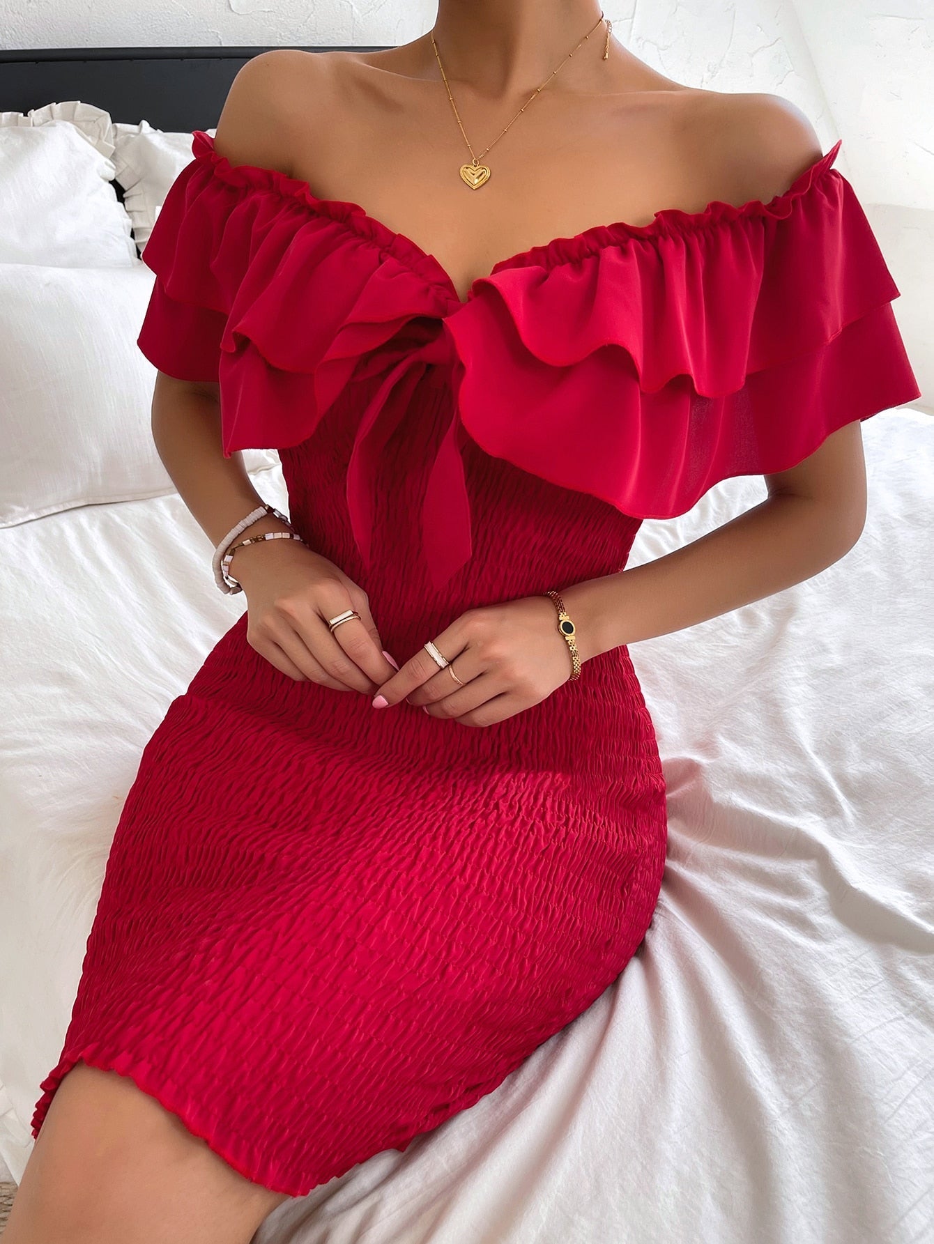 Tie Front Off Shoulder Ruffle Trim Shirred Bodycon Dress InsStreet