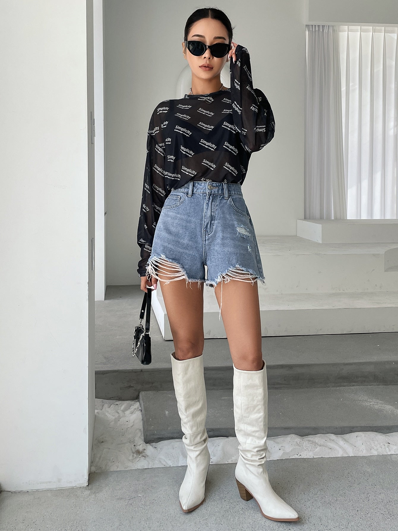 High Waist Ripped Raw Trim Denim Shorts InsStreet