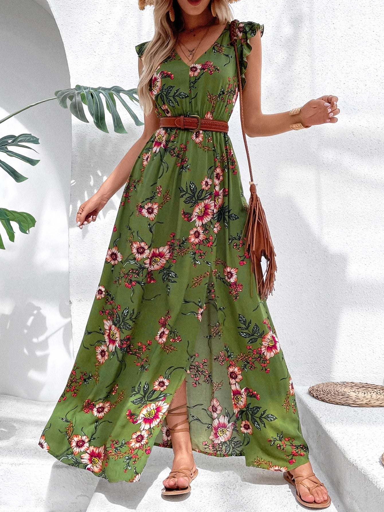 Floral Print Ruffle Trim Slit Thigh Dress Without Belt InsStreet