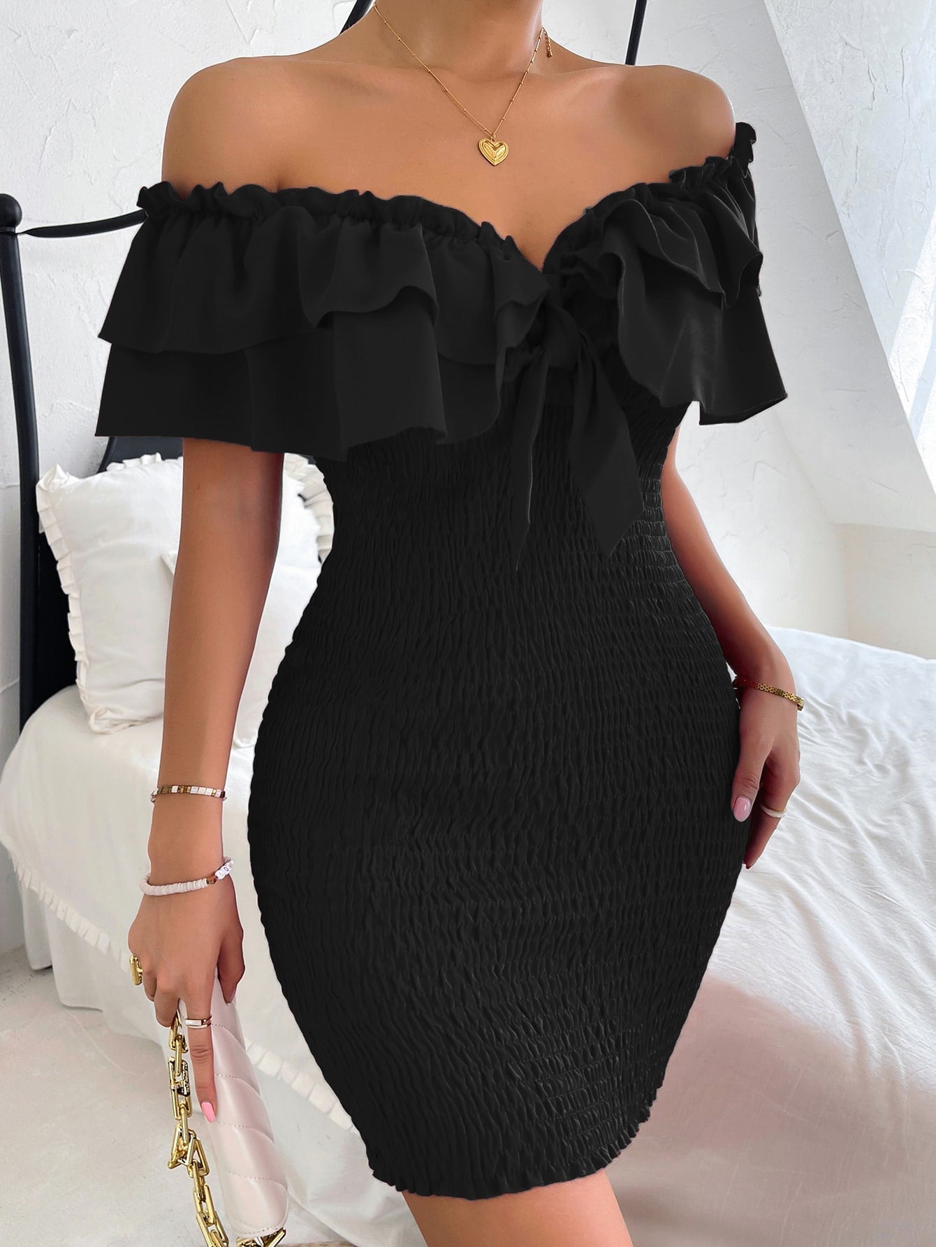 Tie Front Off Shoulder Ruffle Trim Shirred Bodycon Dress InsStreet