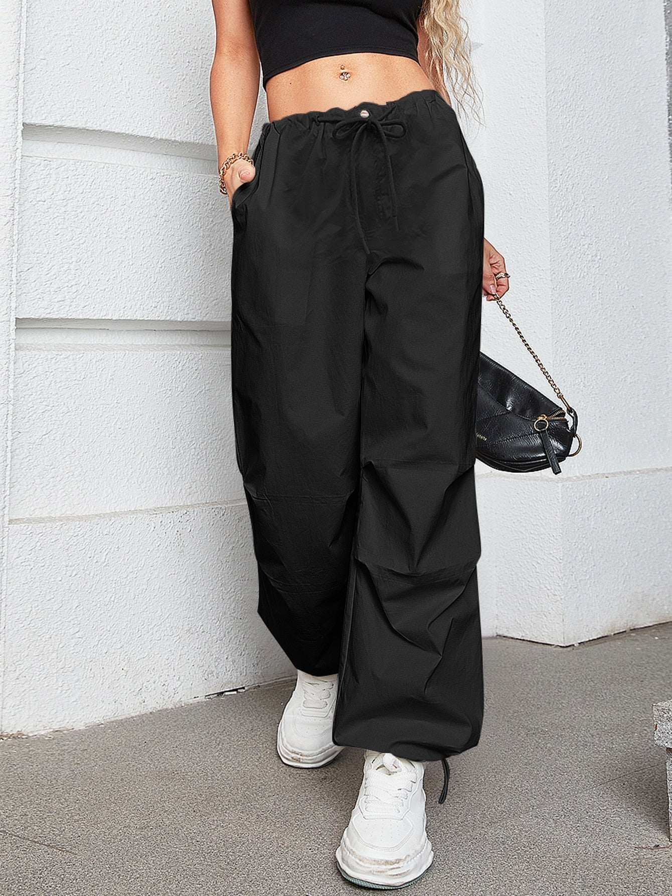 Oversized Drawstring Low Waist Slant Pocket Cargo Parachute Pants InsStreet