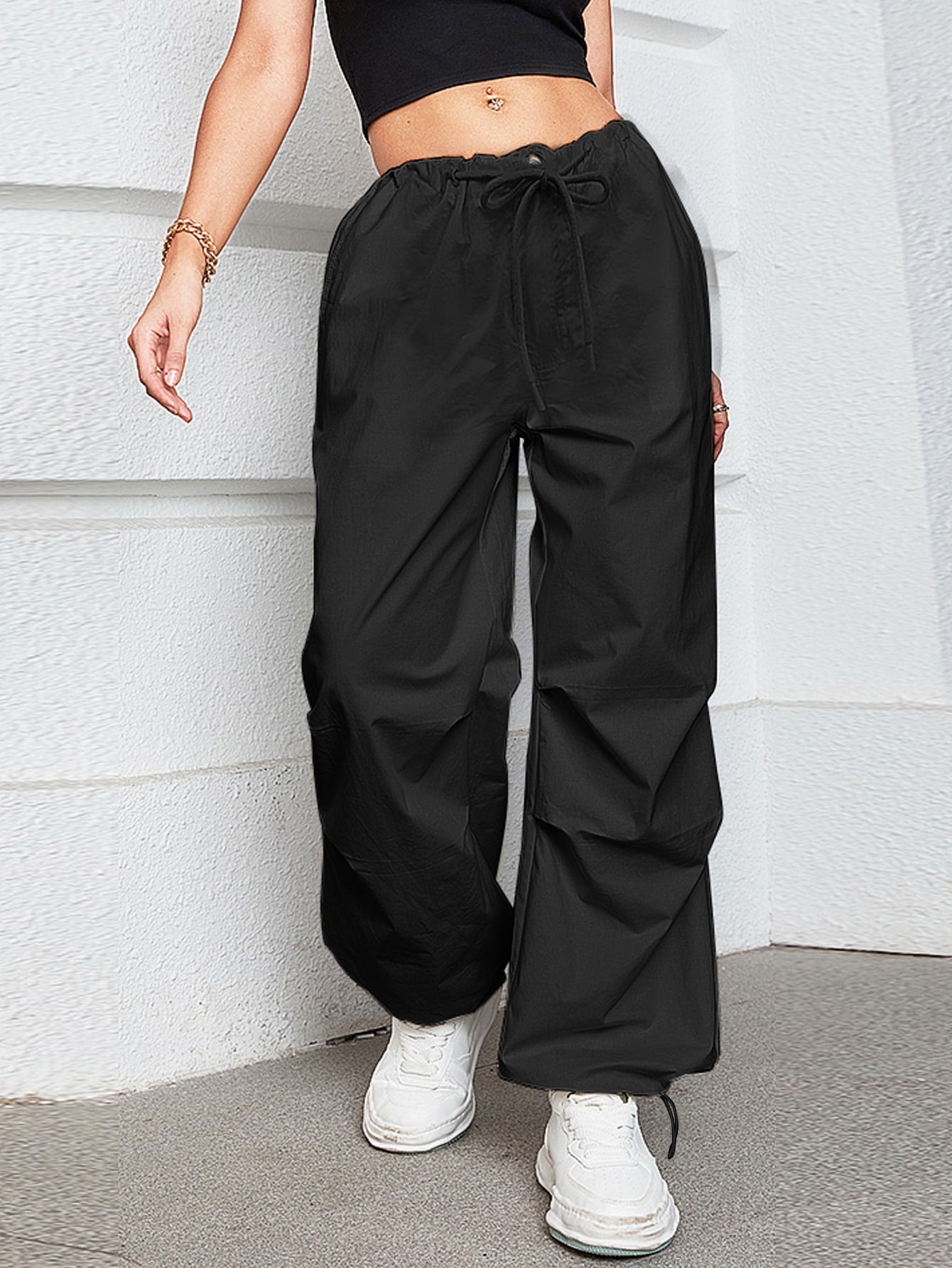 Oversized Drawstring Low Waist Slant Pocket Cargo Parachute Pants InsStreet