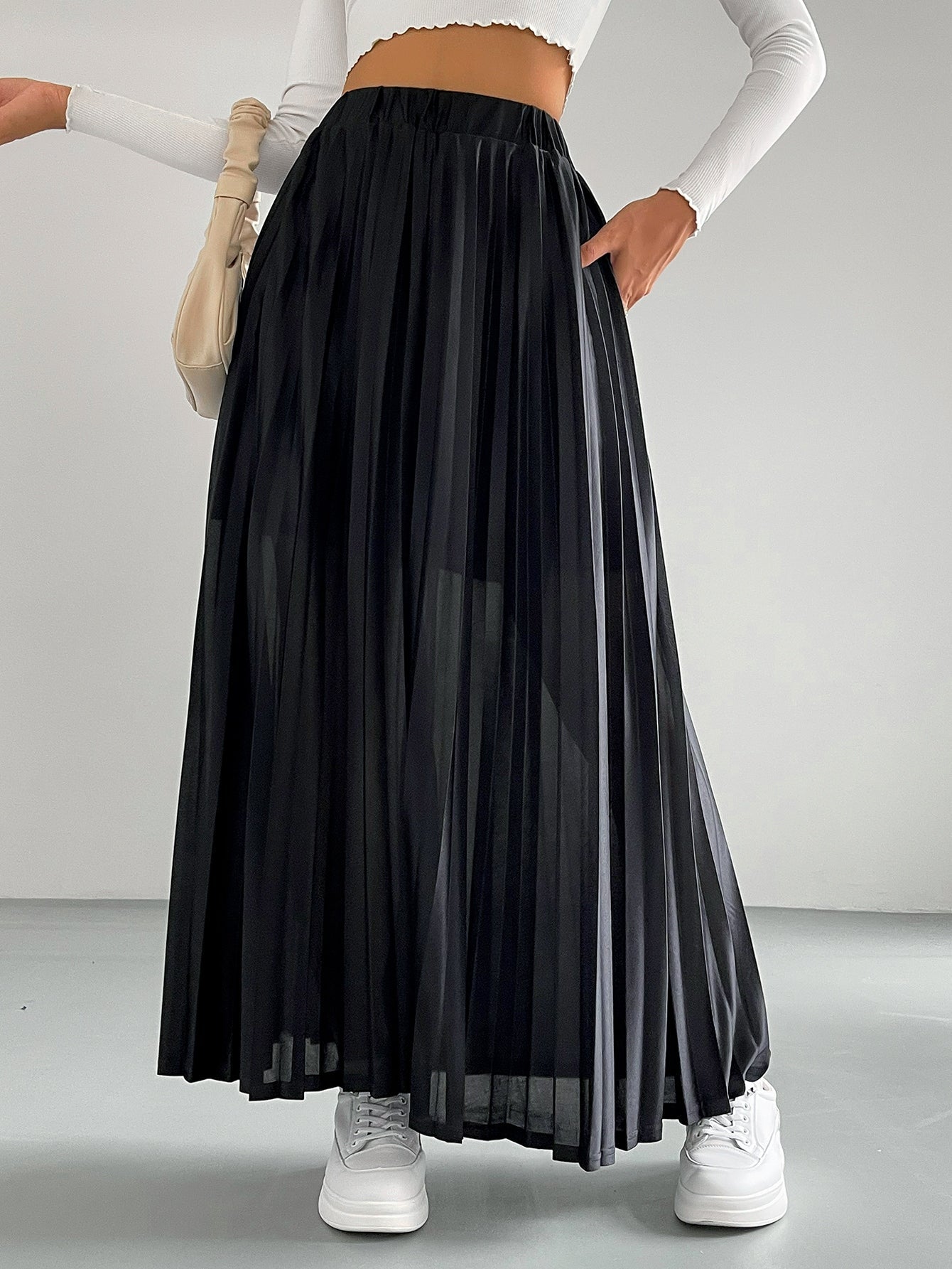 Solid Elastic Waist Pleated Skirt InsStreet