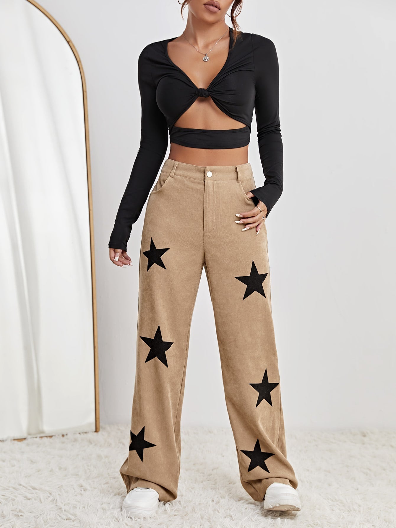 Star Print High Waist Straight Leg Pants InsStreet