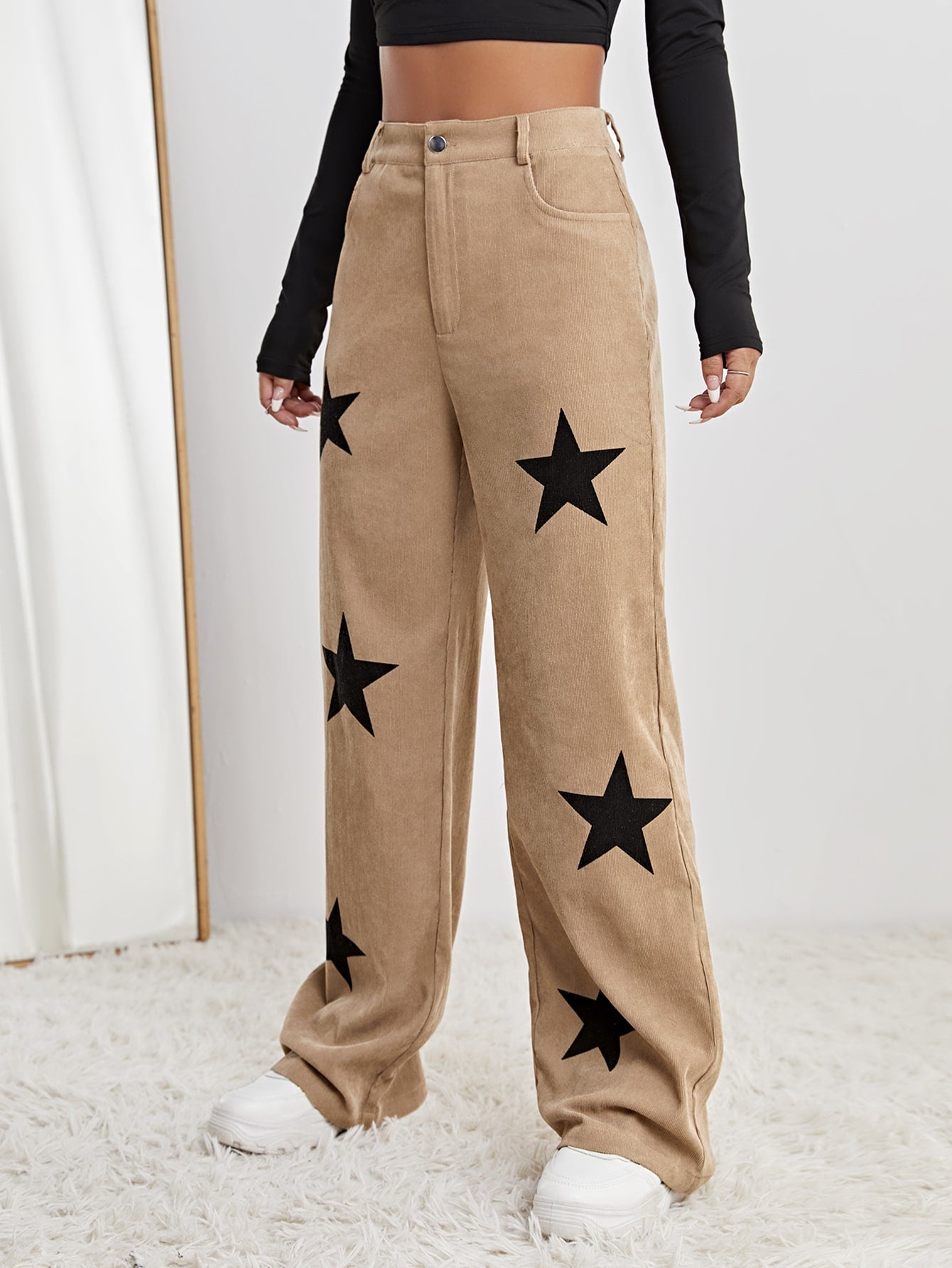 Star Print High Waist Straight Leg Pants InsStreet