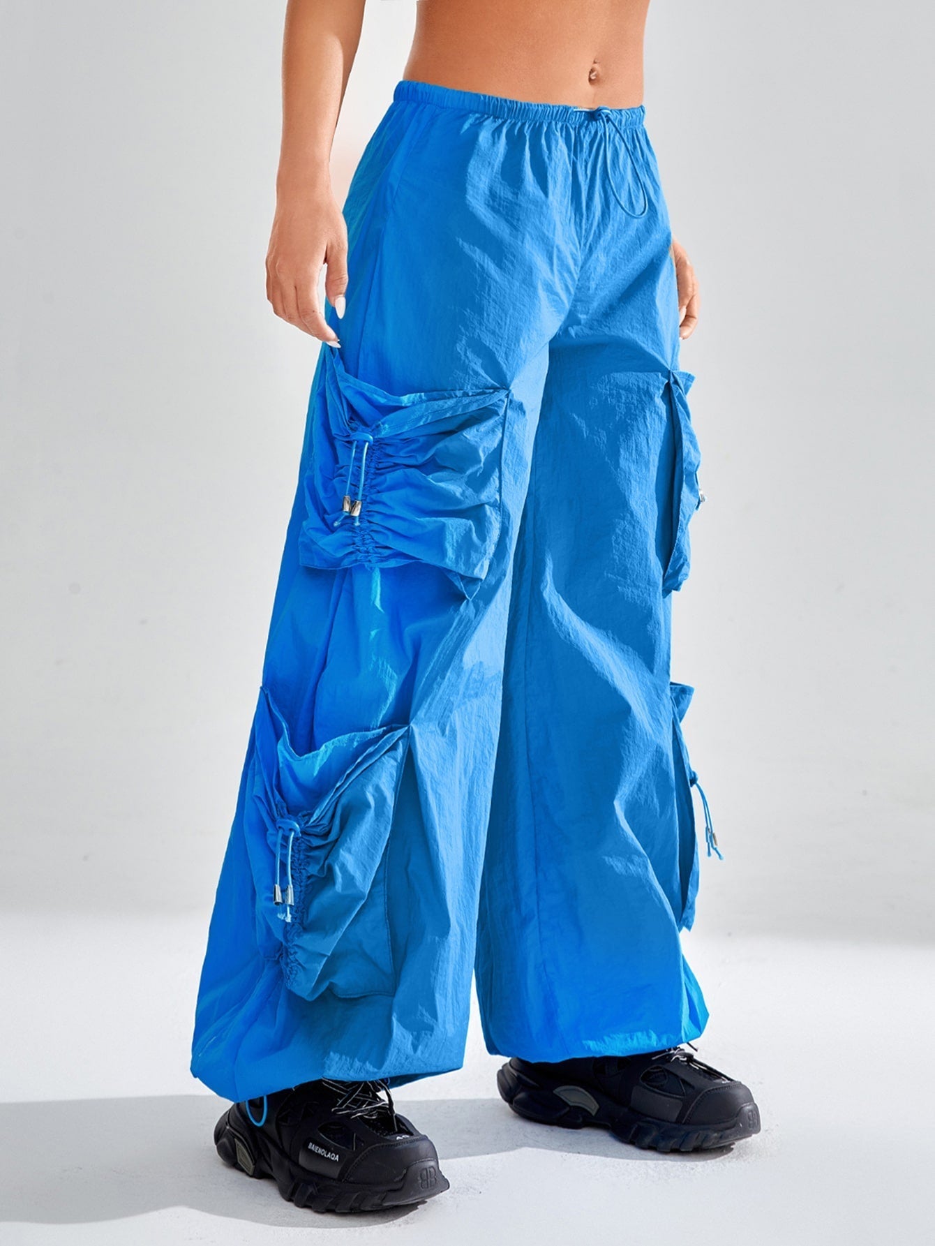 Drawstring Waist Flap Pocket Parachute Cargo Pants InsStreet