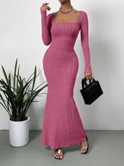 Square Neck Ribbed Knit Mermaid Hem Dress InsStreet