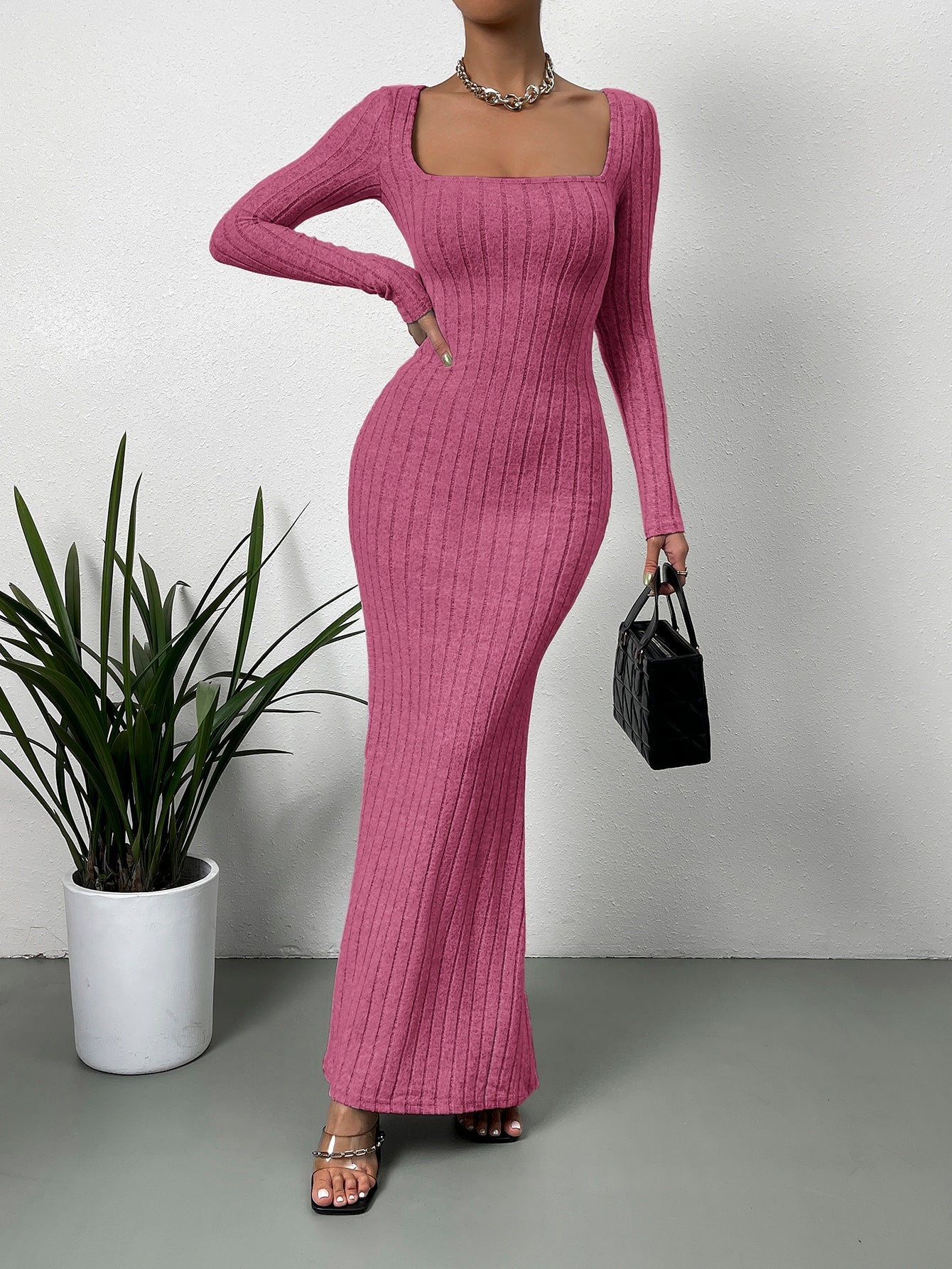 Square Neck Ribbed Knit Mermaid Hem Dress InsStreet