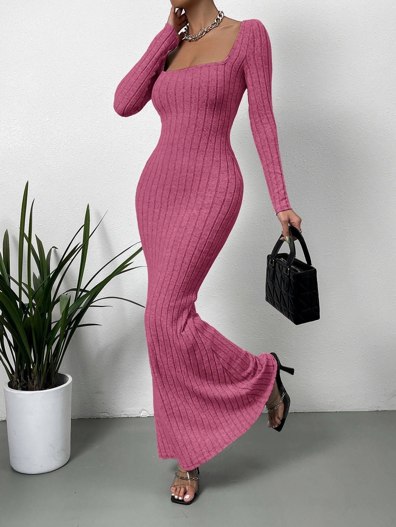 Square Neck Ribbed Knit Mermaid Hem Dress InsStreet