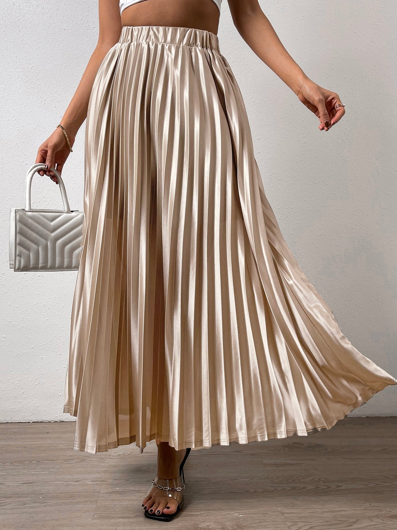 Solid Elastic Waist Pleated Skirt InsStreet