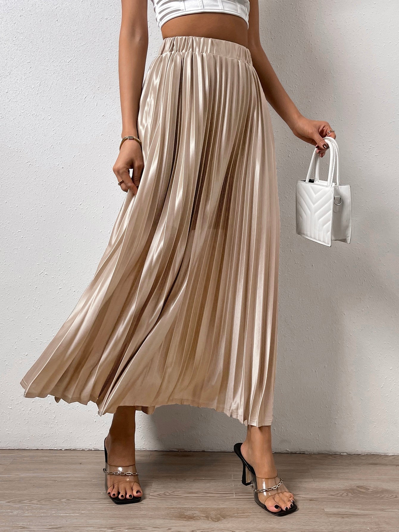 Solid Elastic Waist Pleated Skirt InsStreet