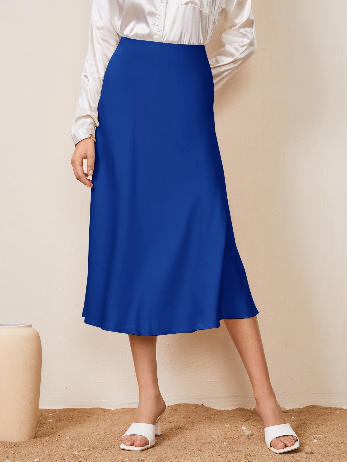 Solid High Waist Satin Skirt Workwear InsStreet