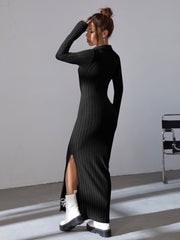 Solid Ribbed Knit Split Thigh Dress InsStreet