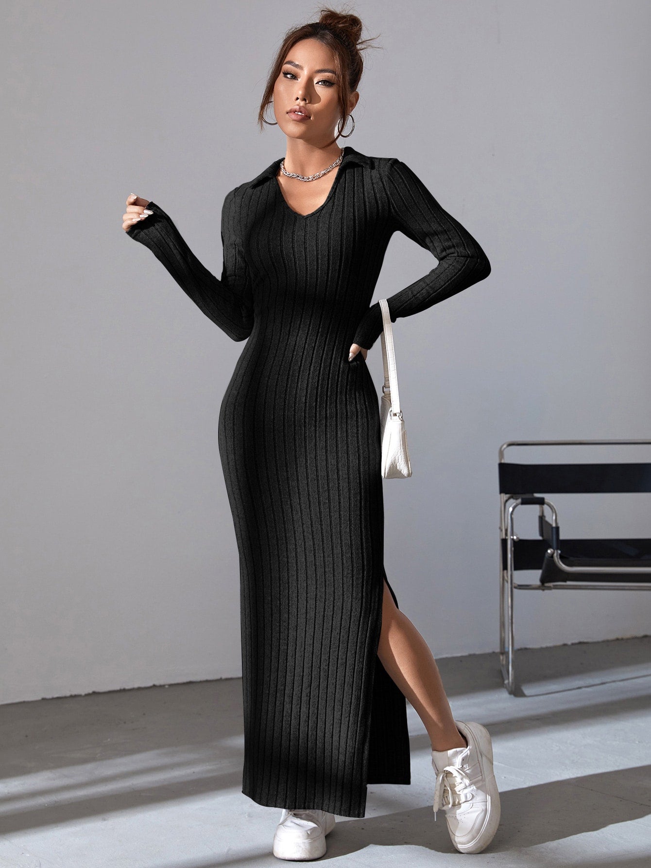 Solid Ribbed Knit Split Thigh Dress InsStreet