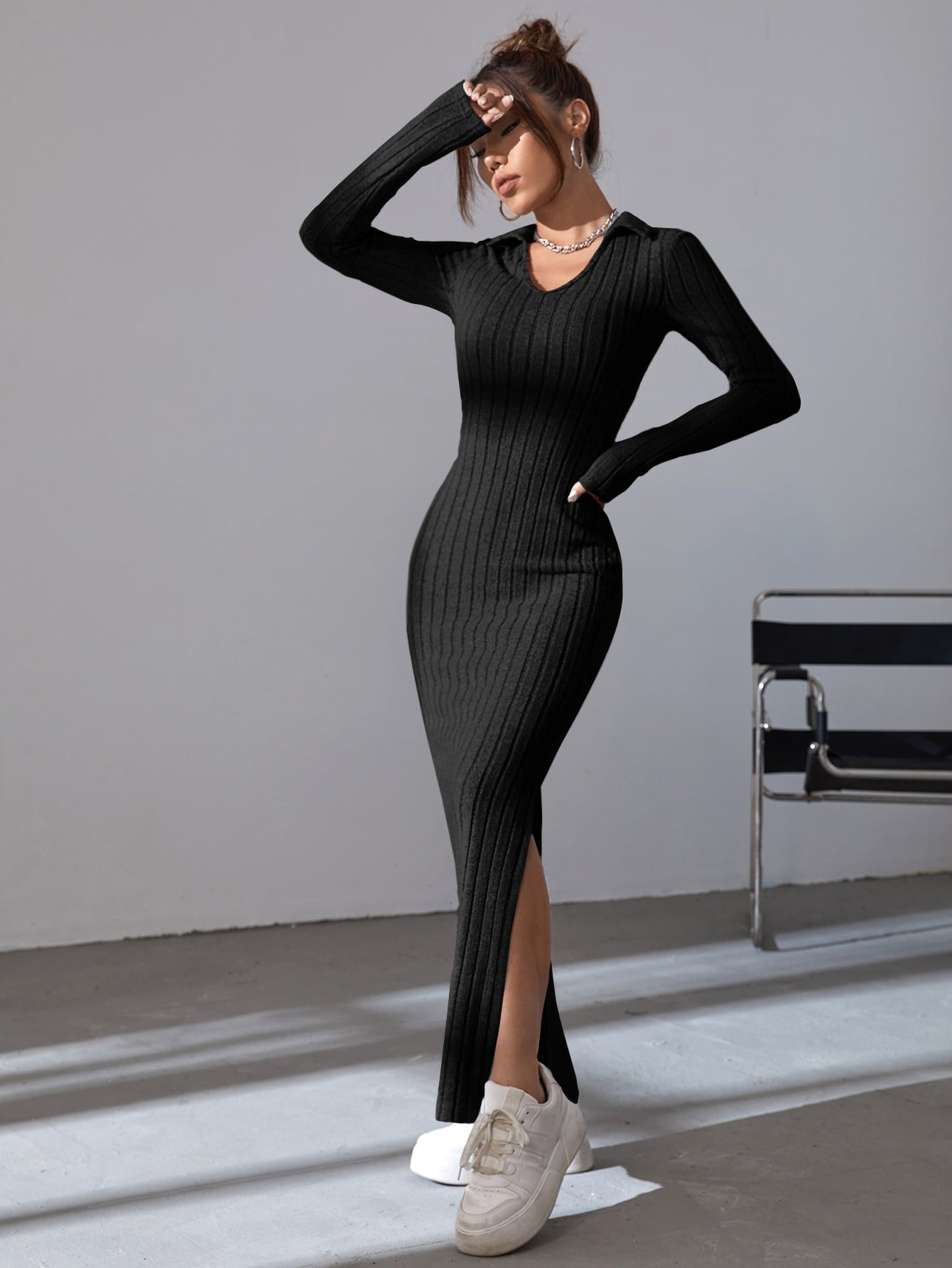 Solid Ribbed Knit Split Thigh Dress InsStreet