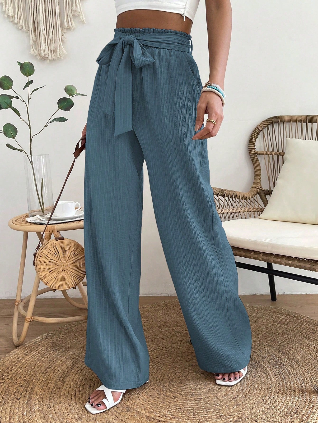 Paperbag Waist Belted Wide Leg Pants InsStreet